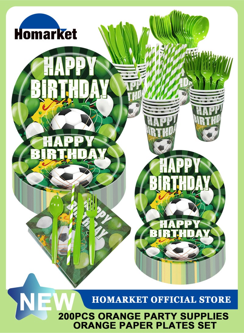 هومار كيت مجموعة أدوات مائدة لحفلات أعياد الميلاد مكونة من 200 قطعة، لوازم حفلات أعياد الميلاد، أطباق استحمام الطفل، أطباق ورقية، أكواب، مناديل ومجموعات أدوات مائدة لـ 25 ضيفًا، مجموعة أدوات مائدة للاستخدام مرة واحدة بطابع كرة القدم - Image 1