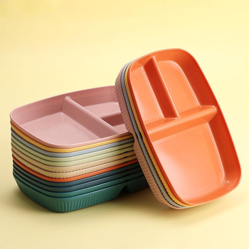 Oicia Wheat Straw Rectangular Divided Plates Tray 3 Sections Dinner Plates for Adults Kids Picky Eaters Campers and Portion Control Unbreakable 3 Compartments Dish Random Color Pack of 2 - Image 4