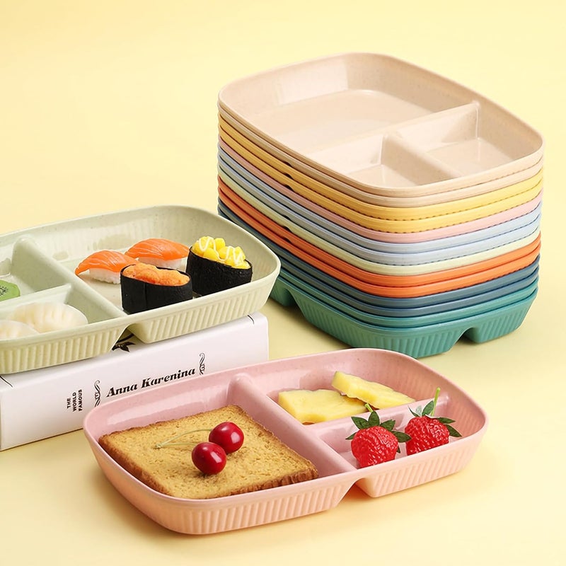 Oicia Wheat Straw Rectangular Divided Plates Tray 3 Sections Dinner Plates for Adults Kids Picky Eaters Campers and Portion Control Unbreakable 3 Compartments Dish Random Color Pack of 2 - Image 3