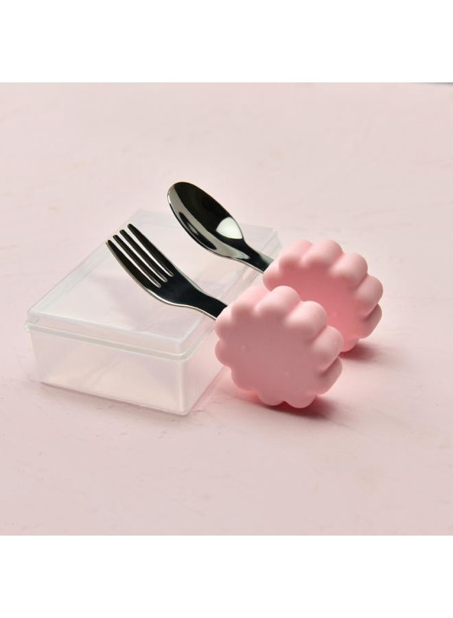 Hippo Baby Baby Learning To Eat Training Fork Spoon Short Handle Stainless Steel Tableware Children's Silicone Complementary Food Complementary Food Fork Spoon 