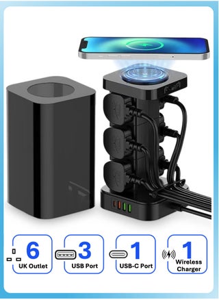 3-in-1 Tower Power Strip Extension Cord 2500W with Wireless Charger + 6 UK Outlets + 3 USB-A + 1 USB-C, 2m Long Extension Cord Power Strip with Cable Organizer Box, Extension Cord with Multiple Plug for Home Office - pzsku/Z05F9F3233EF8ADC59522Z/45/_/1737962185/b23bd091-c58b-47c5-b992-e85584d6161d