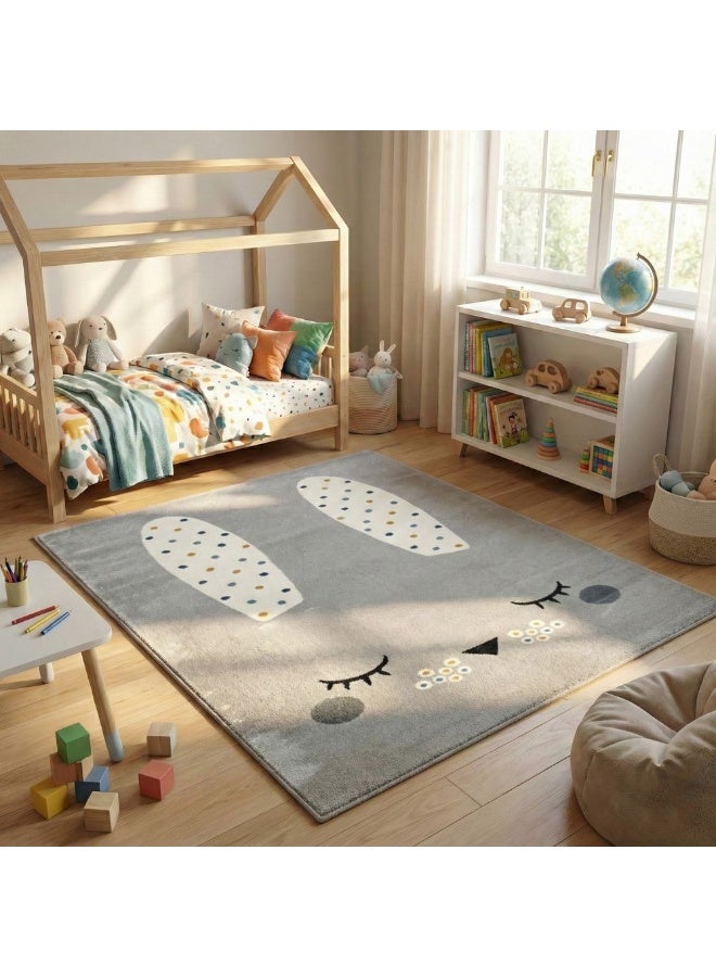 DANUBE HOME Rabbit Kids Rug  | Washable Kids Rugs Style | Polypropylene + Polyester Area Rug Floor Covering | Indoor Carpet For Living Room Dining Bedroom 150X150cm-Grey-231200400599 - Image 1