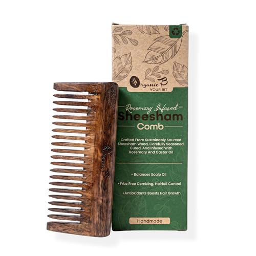 Organic B Rosemary Infused Sheesham Indian Rosewood Wooden Wide Tooth Comb for Curly Thick Hair, Detangling Hair Comb with Smooth Teeth, Scalp Massage Styling Tool for Women Men, Natural Daily Care Accessory - Image 1
