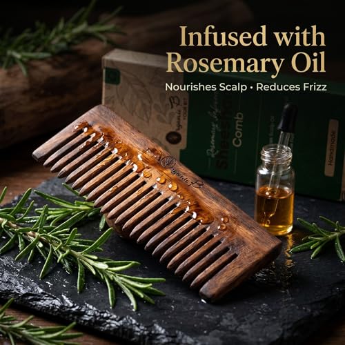 Organic B Rosemary Infused Sheesham Indian Rosewood Wooden Wide Tooth Comb for Curly Thick Hair, Detangling Hair Comb with Smooth Teeth, Scalp Massage Styling Tool for Women Men, Natural Daily Care Accessory - Image 2