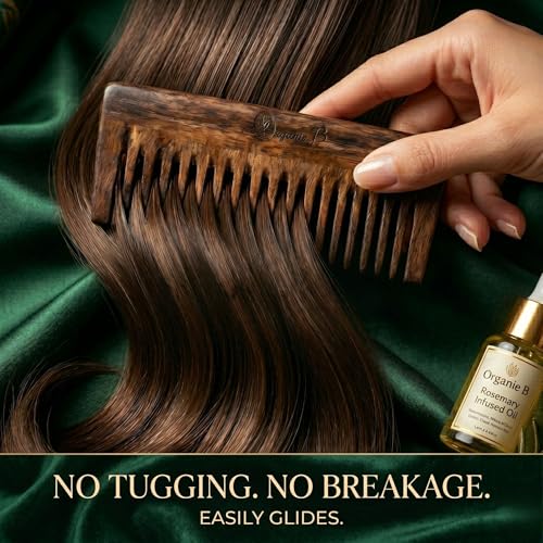 Organic B Rosemary Infused Sheesham Indian Rosewood Wooden Wide Tooth Comb for Curly Thick Hair, Detangling Hair Comb with Smooth Teeth, Scalp Massage Styling Tool for Women Men, Natural Daily Care Accessory - Image 3