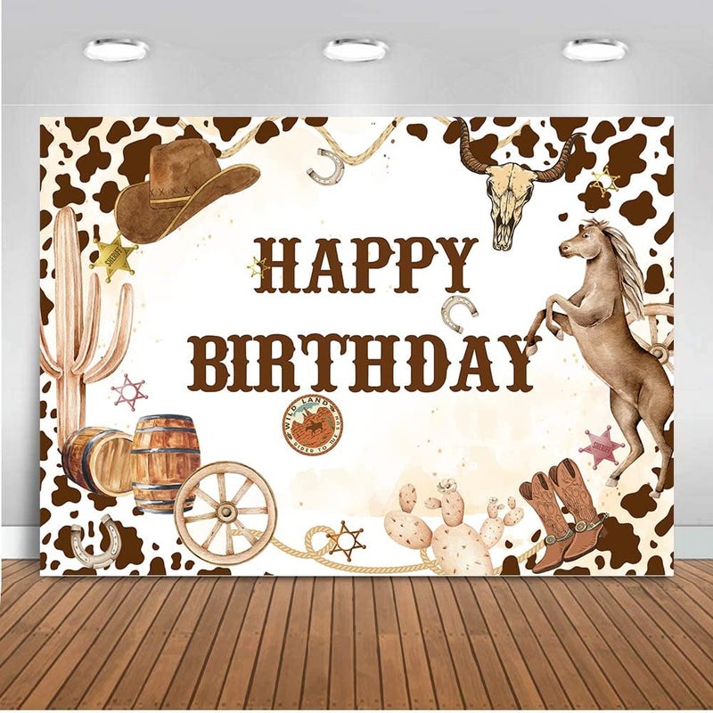 ARS Western Cowboy Birthday Backdrop Wild West Rodeo Yeehaw Boot Horse Happy Birthday Photography Background Baby Shower Boys Birthday Party Cake Table Decoration Banner Photo Booth Props( Size Available ) - Image 1