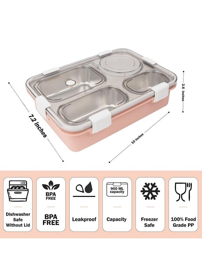 PRIME DEALS Lunch Box Sealed Leakage Proof Stainless Steel Lunch Box with Fork Chopstick&Spoon Lid Office Food Container for School Kids and Adults 750ml (Pink, 4 Compartment) - Image 3