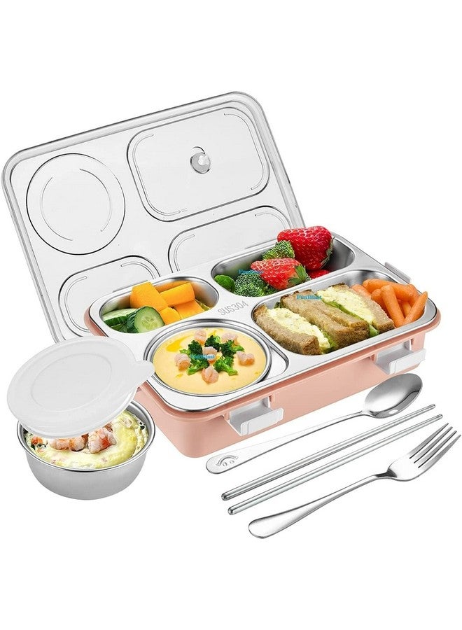 PRIME DEALS Lunch Box Sealed Leakage Proof Stainless Steel Lunch Box with Fork Chopstick&Spoon Lid Office Food Container for School Kids and Adults 750ml (Pink, 4 Compartment) - Image 1