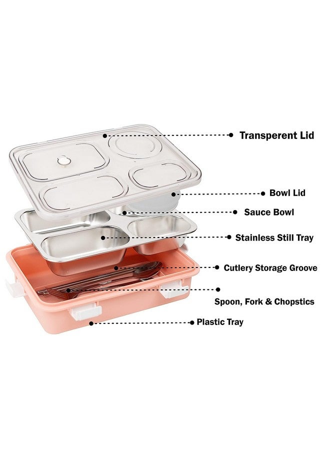 PRIME DEALS Lunch Box Sealed Leakage Proof Stainless Steel Lunch Box with Fork Chopstick&Spoon Lid Office Food Container for School Kids and Adults 750ml (Pink, 4 Compartment) - Image 2