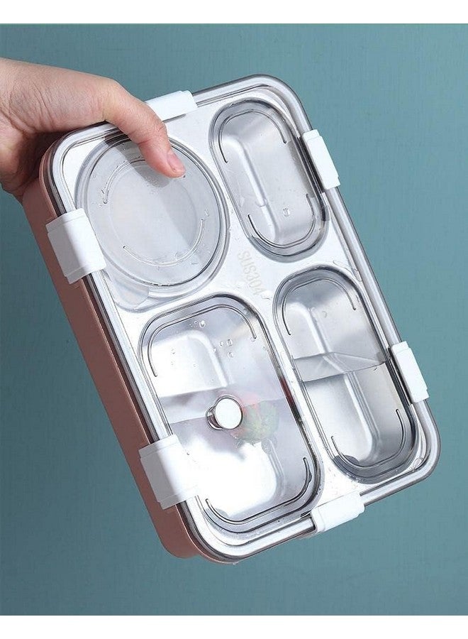 PRIME DEALS Lunch Box Sealed Leakage Proof Stainless Steel Lunch Box with Fork Chopstick&Spoon Lid Office Food Container for School Kids and Adults 750ml (Pink, 4 Compartment) - Image 4