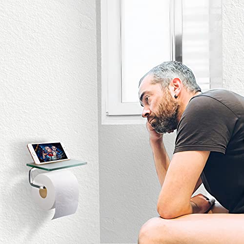 RAIKEDR Toilet Paper Holder Bathroom Paper Toilet Roll Holder Hanger,Toilet Paper Holder with Shelf, Glassed Steel Frosted Silvery Lavatory Tissue Holder with Mobile Phone Storage Rack (Silvery) - Image 5