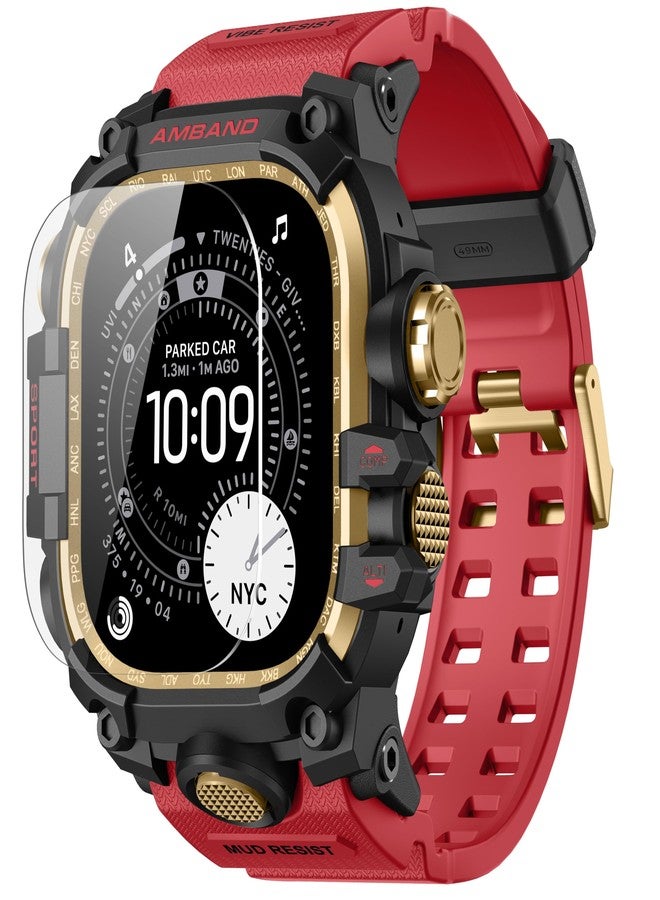 امباند حافظة amBand متينة مع سوار لساعة Apple Watch Ultra 3/2/1 مقاس 49 مم، غطاء M3 مقاوم للصدمات بدرجة عسكرية، يتضمن مجموعة واقي شاشة، سوار تكتيكي للرجال - متوافق مع iWatch Ultra، أحمر - Image 1