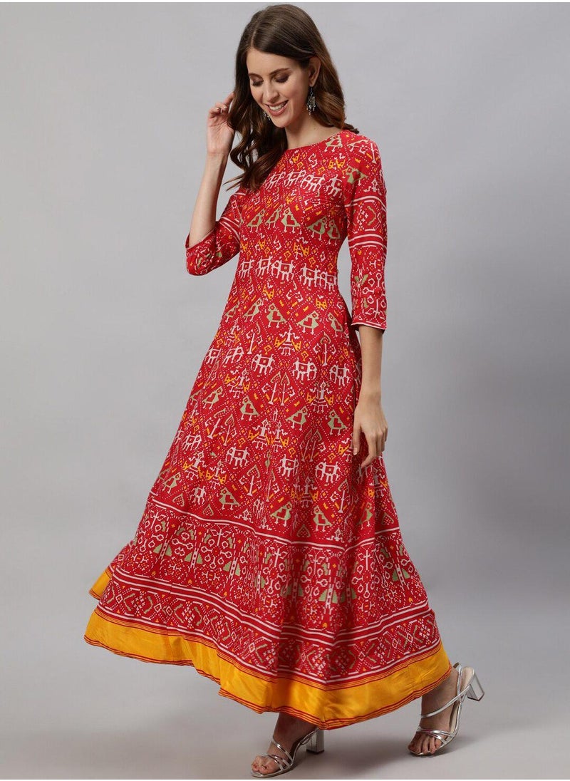 ISHIN Women's Red 100% Cotton Printed Tunic Regular Fit Kurta  - Image 3