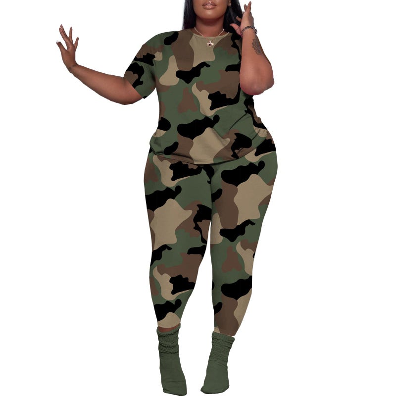PINSV Women's Plus Size 2 Piece Outfits Tracksuits Short Sleeve Top Pants Sets Sweatsuits Camouflage 2XL - Image 1