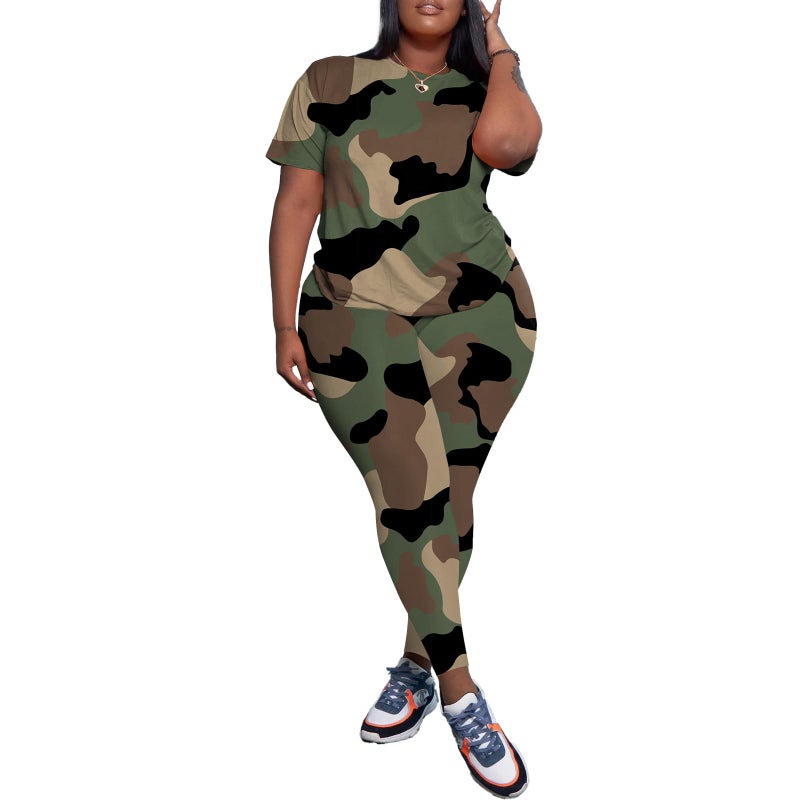 PINSV Women's Plus Size 2 Piece Outfits Tracksuits Short Sleeve Top Pants Sets Sweatsuits Camouflage 2XL - Image 2