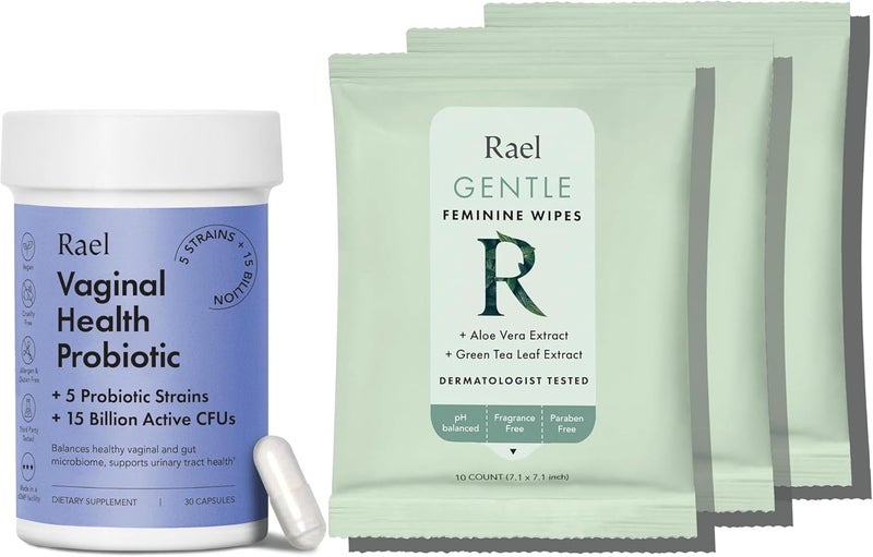 Rael Bundle  Probiotics Supplements for Women Digestive Enzymes Urinary Tract Health 30 Day Supply  Flushable Feminine Wipes pH Balance 10 Count Pack of 3 - Image 1
