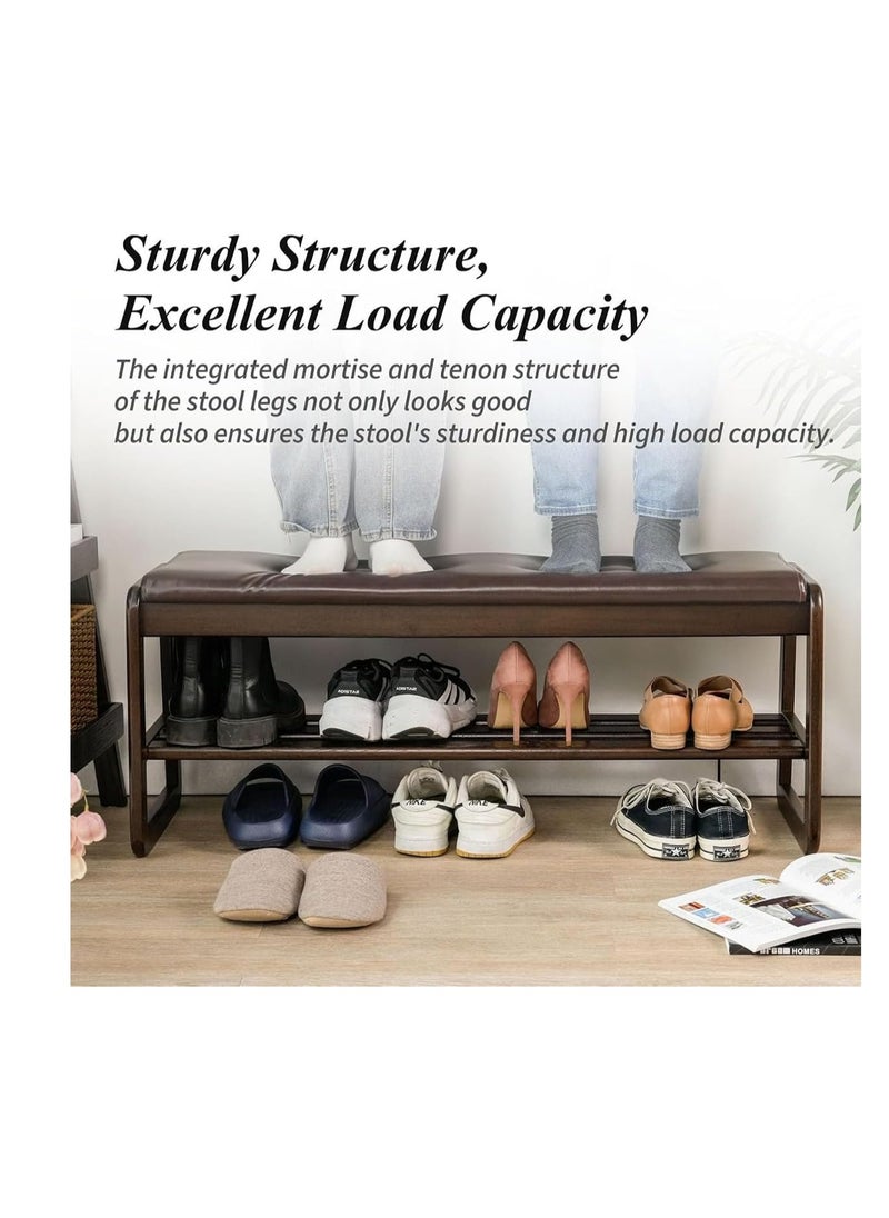 Generic - Solid Wood Shoe Bench, 2-Tier Wooden Storage Entryway Bench, Mid-Century Modern Shoe Bench Rack, End of Bed Bench with Faux Leather Cushion, Shoe Organizer for Entryway, Living Room (Green, 100cm) - Image 1
