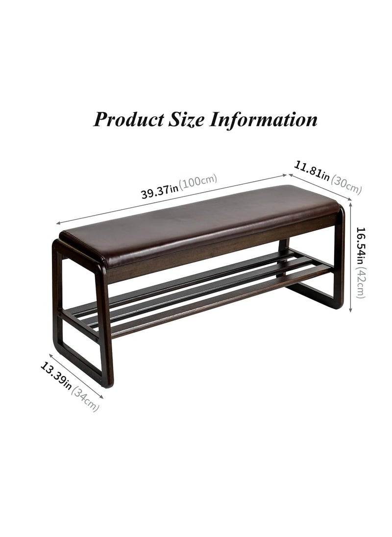Generic - Solid Wood Shoe Bench, 2-Tier Wooden Storage Entryway Bench, Mid-Century Modern Shoe Bench Rack, End of Bed Bench with Faux Leather Cushion, Shoe Organizer for Entryway, Living Room (Green, 100cm) - Image 1