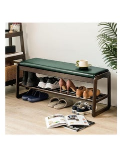 Solid Wood Shoe Bench, 2-Tier Wooden Storage Entryway Bench, Mid-Century Modern Shoe Bench Rack, End of Bed Bench with Faux Leather Cushion, Shoe Organizer for Entryway, Living Room (Green, 100cm)