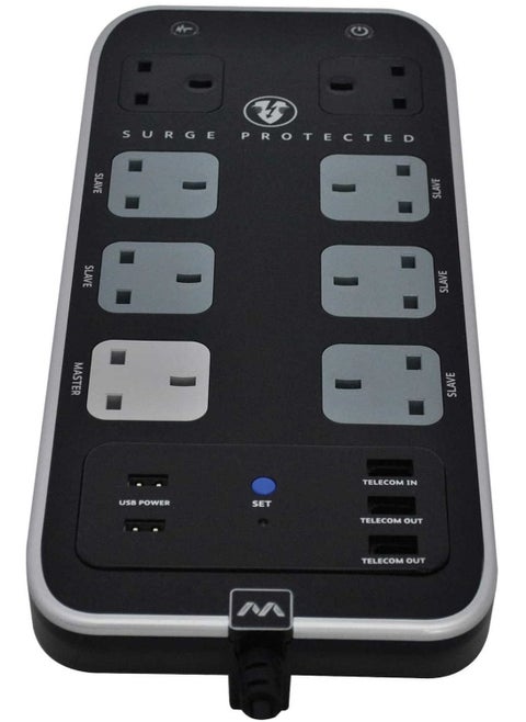 Masterplug Surge Protected Power Extension Lead 2M 8 Sockets x 2 USB x Telecom Ports