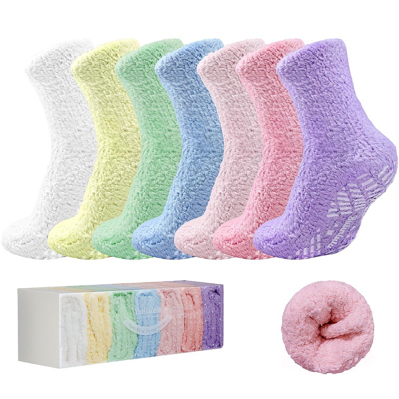 Bulinlulu Fuzzy Socks for Women with Grips Plush Fuzzy Sleep Cozy Sleep Winter Soft Fluffy Socks(Blue/Green/Yellow/light pinks/Pinks/White/Purple) - Image 1