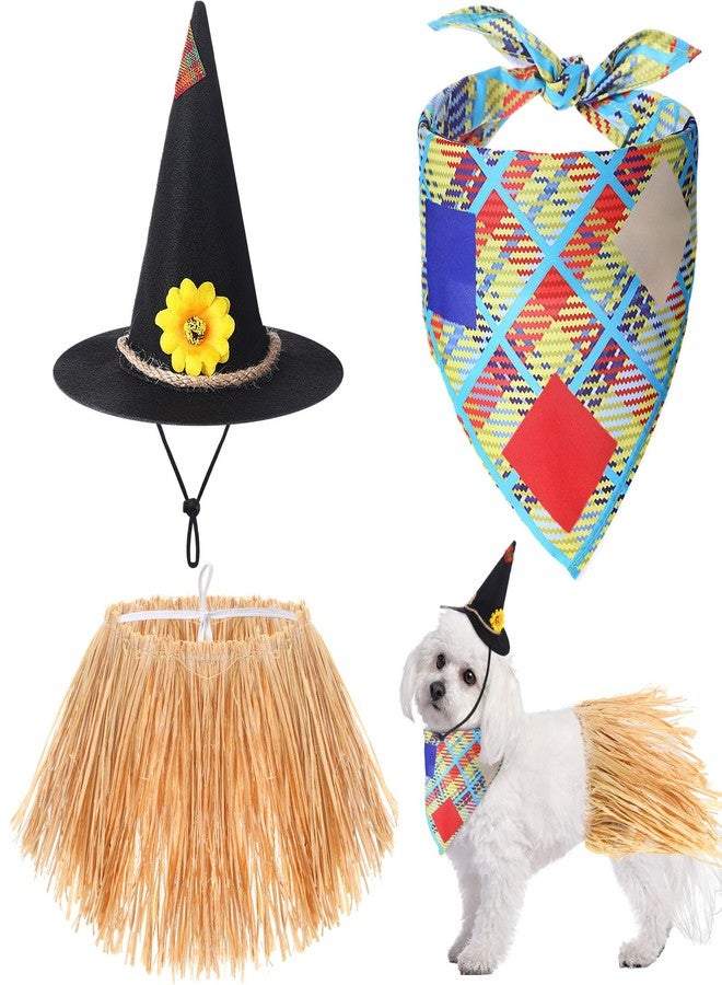 Skicuff طقم أزياء تنكرية للكلاب من Skicuff مكون من 3 قطع، يشمل قبعة فزاعة، ووشاح فزاعة، ومريلة جرو، وفستان قش فزاعة. زي تنكري للحيوانات الأليفة مناسب للكلاب والقطط. - Image 1