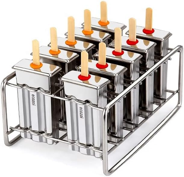 ecozoi Stainless Steel Popsicle Molds and Rack  10 Square Ice Pop Makers  50 Reusable Bamboo Sticks  20 Silicone Seals  1 Cleaning Brush  1 Rack
