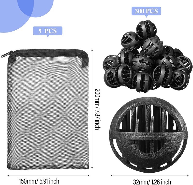 Hortsun 300 Pieces Bio Balls Pond Filter Aquarium Filter Media 126 Inch Saltwater Aquarium Filter Biochemical Cotton Pond Filter Accessories and 5 Pieces Black Mesh Bags for Fountain Fish Tank - Image 2