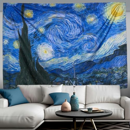 IcosaMro Starry Night Tapestry Wall Hanging, V. Gogh Art Wall Tapestries [60x82.7''][Double-Folded Hems]- Star Blanket Tablecloth for Bedroom, Dorm, College, Living Room, Blue - Image 3