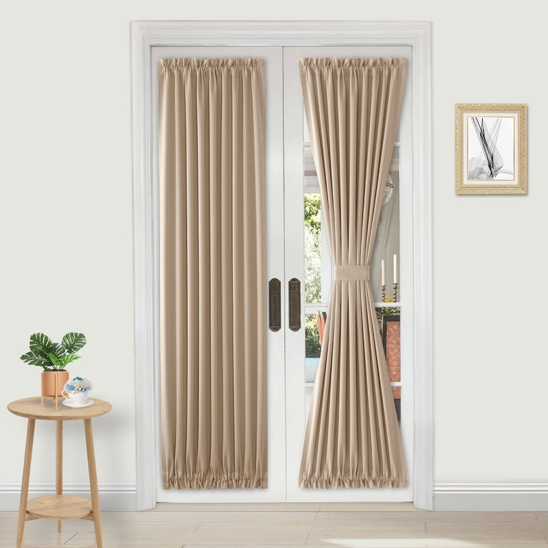 DWCN French Door Curtains â€“ Rod Pocket Thermal Curtain for Doors with Glass Window, Kitchen and Patio Doors for Privacy, 25 X 72 Inches Long, 1 Curtain Panel with Tieback, Beige - Image 1