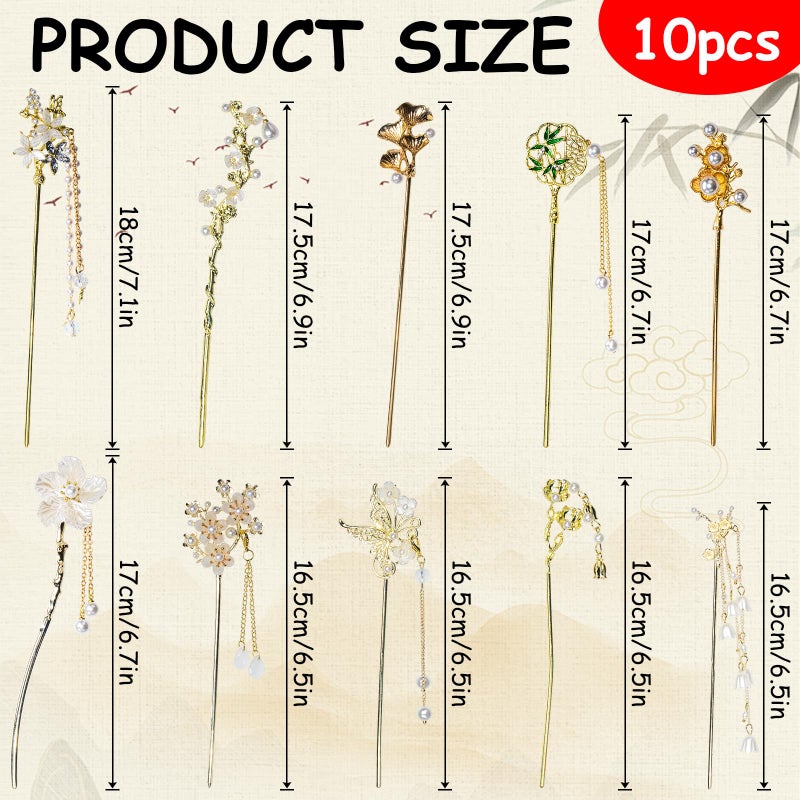 WYVAS 10 Pcs Decorative Vintage Retro Pearl Gold Metal Hair Sticks Pins with Pearl Jade Dangles Tassels Pendants, Chinese Hanfu Asian Flower Butterfly Hair Sticks Hair Chopsticks for Women Girls Birthday - Image 2