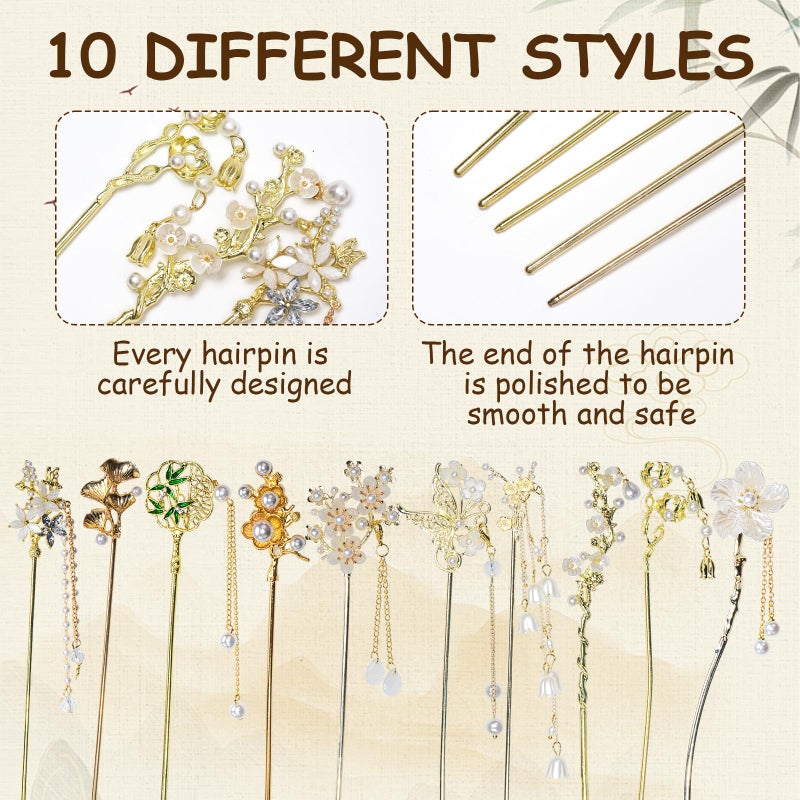 WYVAS 10 Pcs Decorative Vintage Retro Pearl Gold Metal Hair Sticks Pins with Pearl Jade Dangles Tassels Pendants, Chinese Hanfu Asian Flower Butterfly Hair Sticks Hair Chopsticks for Women Girls Birthday - Image 3