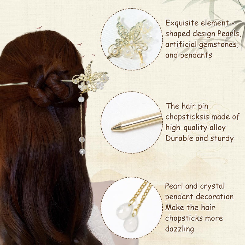 WYVAS 10 Pcs Decorative Vintage Retro Pearl Gold Metal Hair Sticks Pins with Pearl Jade Dangles Tassels Pendants, Chinese Hanfu Asian Flower Butterfly Hair Sticks Hair Chopsticks for Women Girls Birthday - Image 4