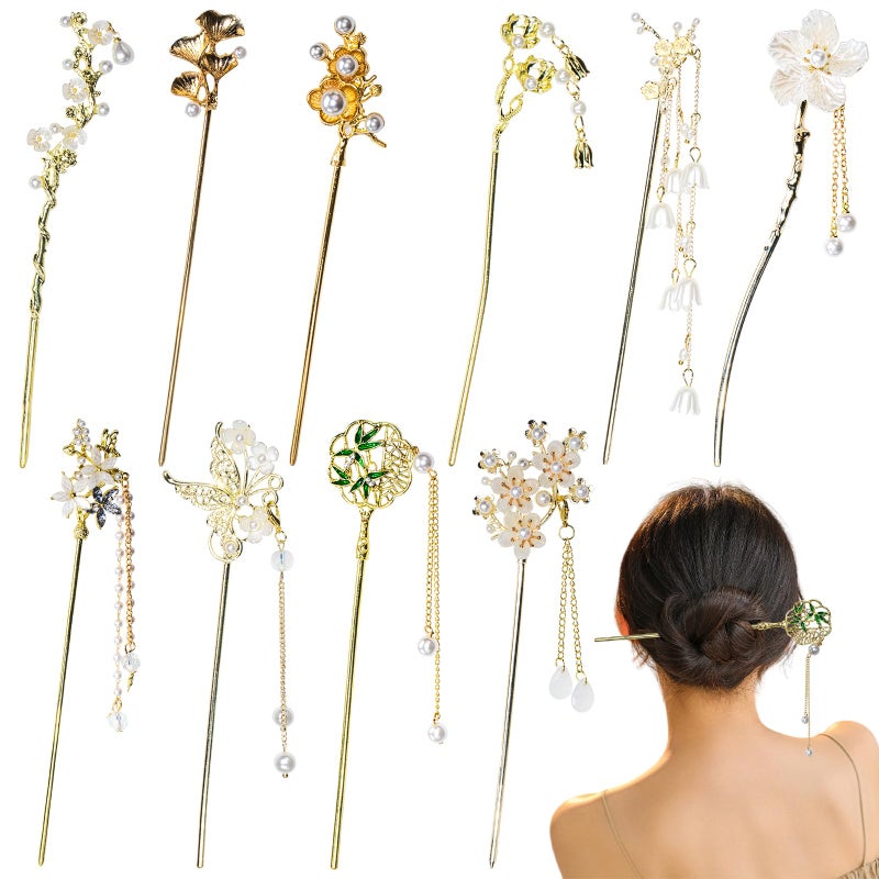 WYVAS 10 Pcs Decorative Vintage Retro Pearl Gold Metal Hair Sticks Pins with Pearl Jade Dangles Tassels Pendants, Chinese Hanfu Asian Flower Butterfly Hair Sticks Hair Chopsticks for Women Girls Birthday - Image 1