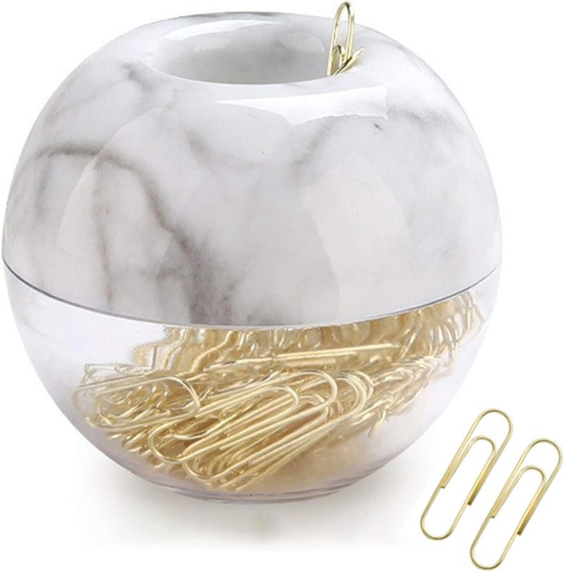 Supfoxer Magnetic Paper Clip Holder, Marble White holder with Gold PaperClips 100pcs 28mm(1.1") Cute Office Supplies for Desk Organizer - Image 1