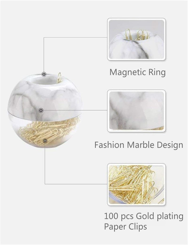 Supfoxer Magnetic Paper Clip Holder, Marble White holder with Gold PaperClips 100pcs 28mm(1.1") Cute Office Supplies for Desk Organizer - Image 2
