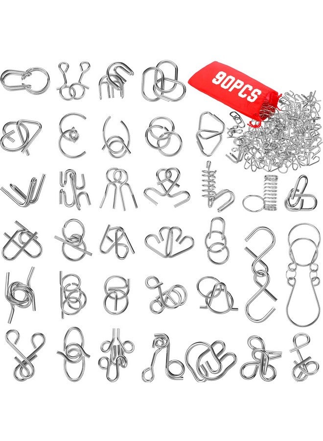 Yilloog Set of 90 Metal Brain Teaser Puzzles with Pouch, Steel IQ Puzzle Games Physics Mind Metal Puzzles for Adults Basket Stocking Stuffers for Desk Trinkets Challenge Gifts - Image 1