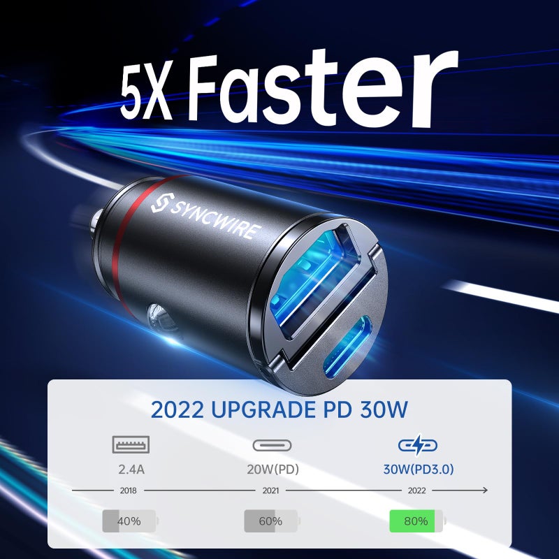 Syncwire Car Charger USB C & USB Socket 12V [PD30W & QC3.0 30W] All Metal USB Car Cigarette Lighter Fast for iPhone 16 Pro Max 15 14 13 12, Samsung - Image 3