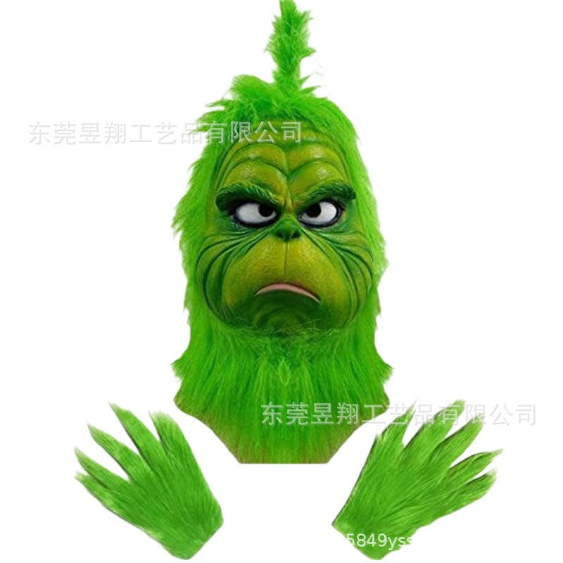 Grinch Mask Geek Steal Green Hair Geek Latex Headgear Gloves Costume Christmas Halloween Dress Up Props - Image 2