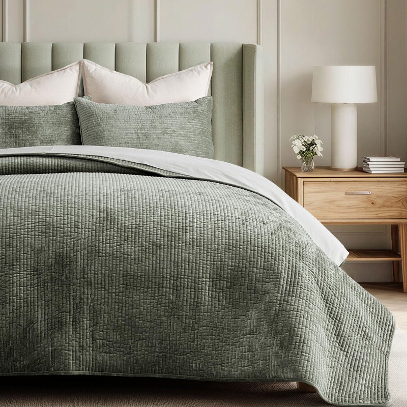 EVERGRACE Velvet Quilt Set Queen Size, Luxurious Soft Quilted Bedding Sets, Lightweight Velvet Comforter for All Season, Striped Channel Bedspread Coverlet with 2 Shams, Dried Thyme Green - Image 1