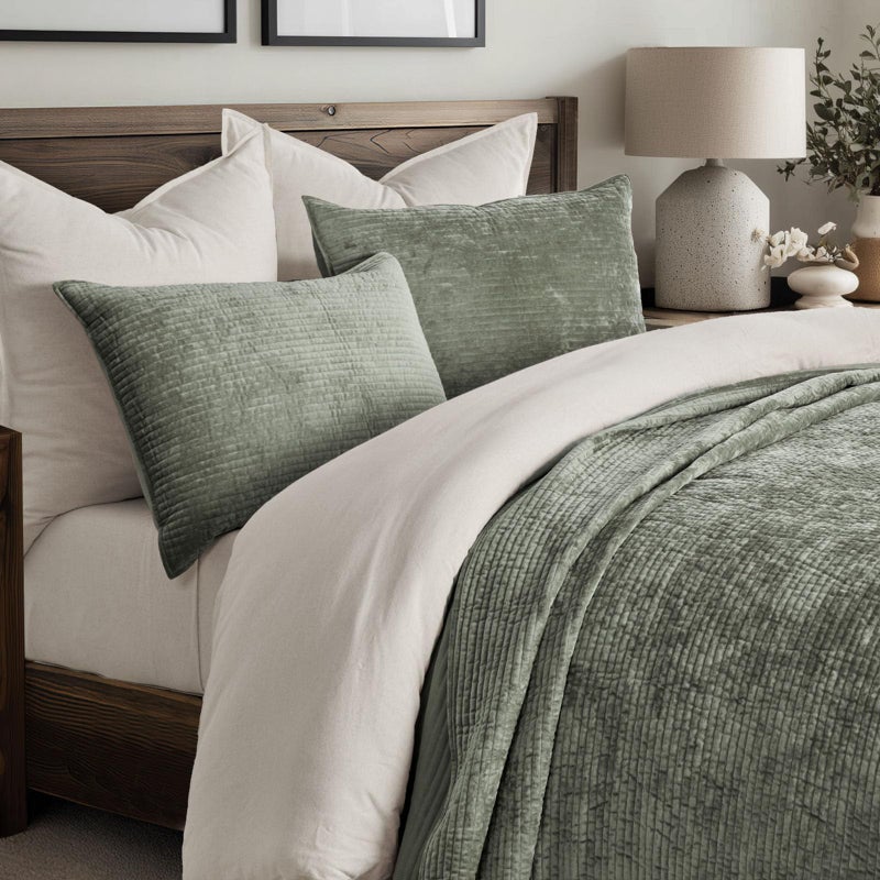 EVERGRACE Velvet Quilt Set Queen Size, Luxurious Soft Quilted Bedding Sets, Lightweight Velvet Comforter for All Season, Striped Channel Bedspread Coverlet with 2 Shams, Dried Thyme Green - Image 4