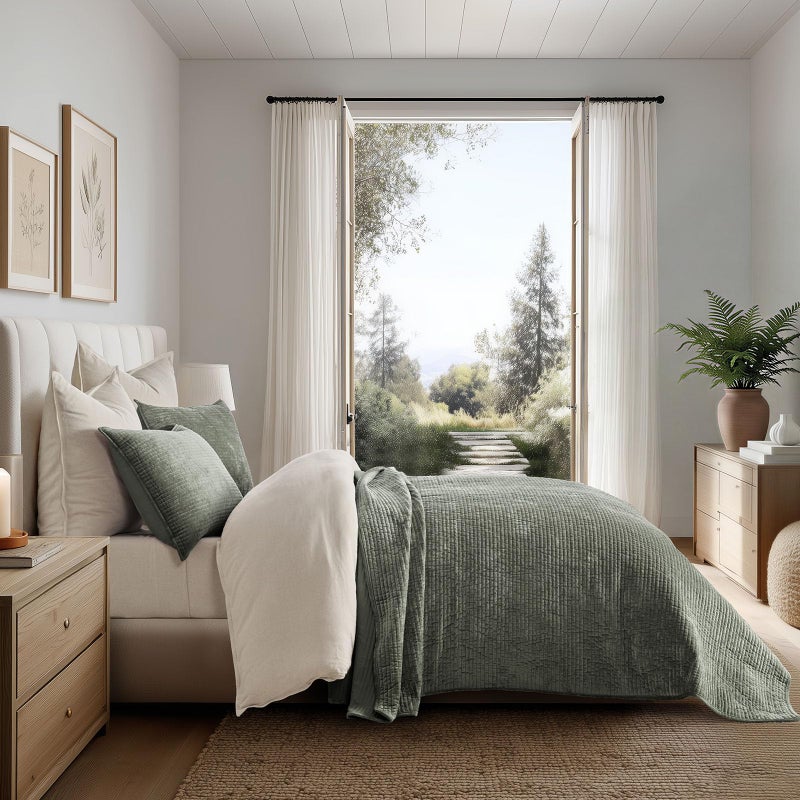 EVERGRACE Velvet Quilt Set Queen Size, Luxurious Soft Quilted Bedding Sets, Lightweight Velvet Comforter for All Season, Striped Channel Bedspread Coverlet with 2 Shams, Dried Thyme Green - Image 3
