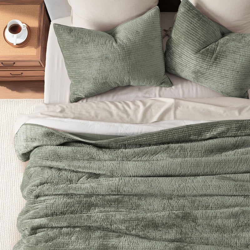 EVERGRACE Velvet Quilt Set Queen Size, Luxurious Soft Quilted Bedding Sets, Lightweight Velvet Comforter for All Season, Striped Channel Bedspread Coverlet with 2 Shams, Dried Thyme Green - Image 2