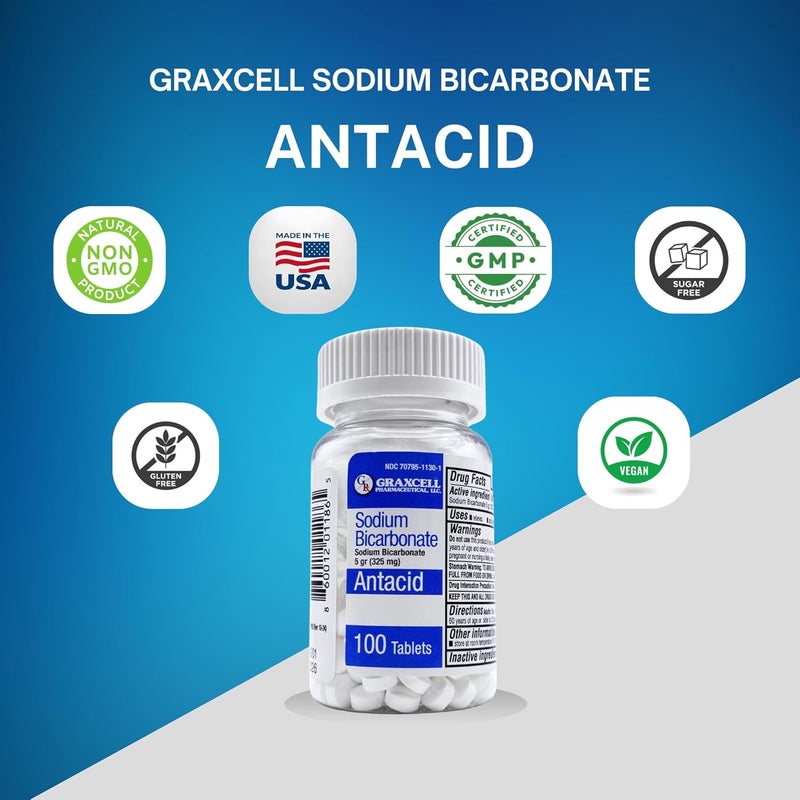 Graxcell أقراص بيكربونات الصوديوم 325 ملغ 100 حبة زجاجتين إجمالي 200 حبة مضاد طبيعي للحموضة لتخفيف حرقة المعدة - Image 3
