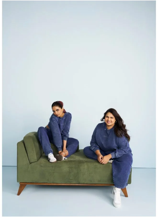 NeceSera Just Text Me Navy Denim Wash Terry Barrel Co-ord Set