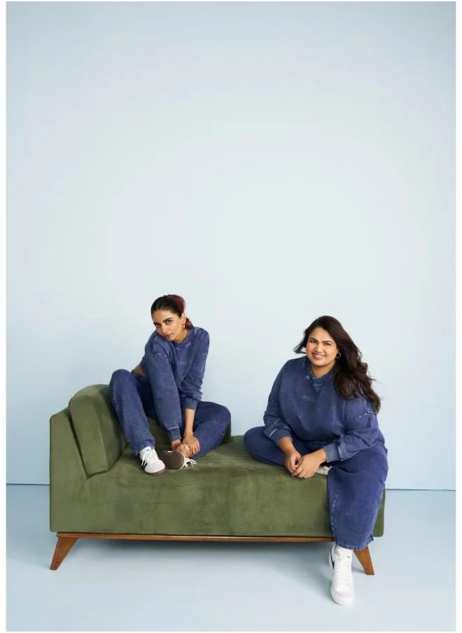 نسيسيرا Just Text Me Navy Denim Wash Terry Barrel Co-ord Set