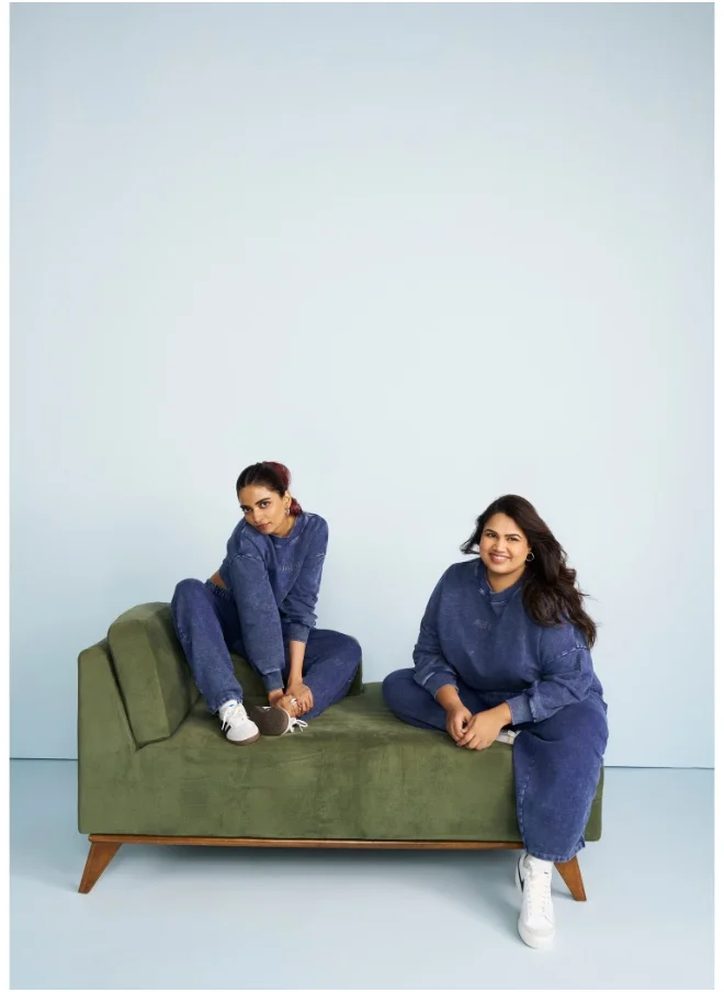 نسيسيرا Just Text Me Navy Denim Wash Terry Barrel Co-ord Set