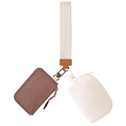 JEEBURYEE Dual Pouch Wristlet Keychain Wallets for Women with 2 Detachable Zipper Coin Purse - Small and Portable Mini Card Wallet for Women Men Brown+Beige - Image 1