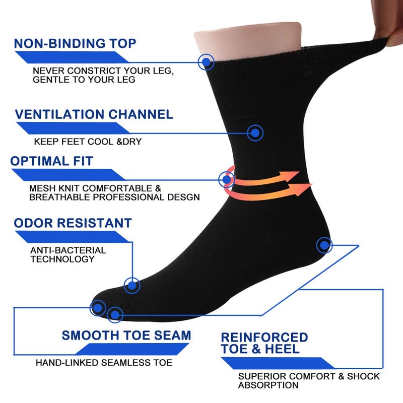Facool Non-Binding Loose Top Socks, Men's Women's Diabetic Cotton Soft Cushioned Moisture Wicking Diabete Dress Anti-sweat Socks with Seamless Toe, 6 Pairs Black/Grey/Navy Blue XL - Image 2