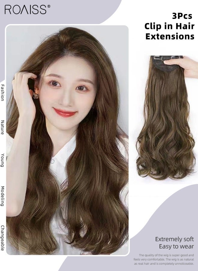 رويس 3 قطع من وصلات الشعر بالمشابك، وصلات شعر صناعية طويلة مموجة غير مرئية قابلة للتعديل ومقاومة للحرارة للفتيات والنساء، بني فاتح، 60 سم - Image 1